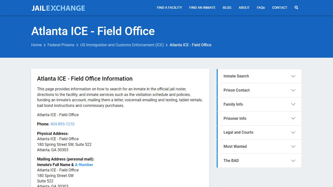 Federal Inmate Search - Atlanta ICE - Field Office - Jail Exchange